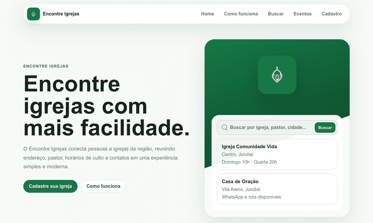 Encontre Igrejas — página inicial do site, com busca por igreja, pastor ou cidade