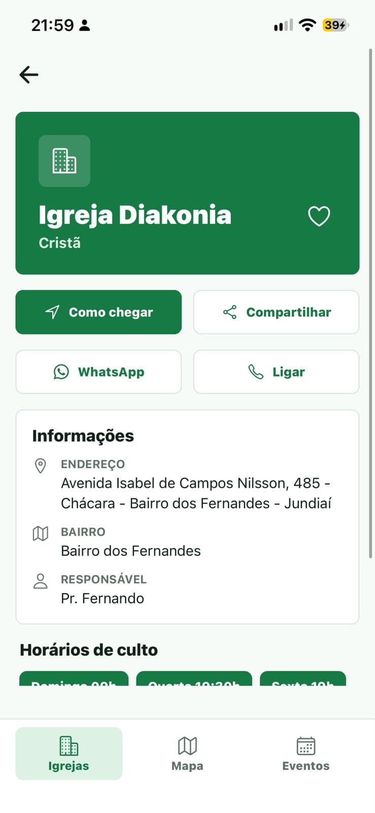 App Encontre Igrejas — detalhes de uma igreja, com endereço e horários de culto