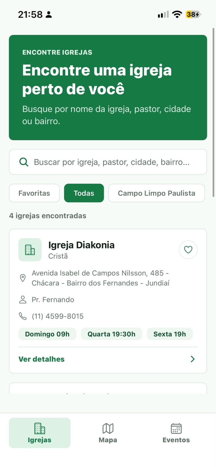 App Encontre Igrejas — lista de igrejas encontradas na busca