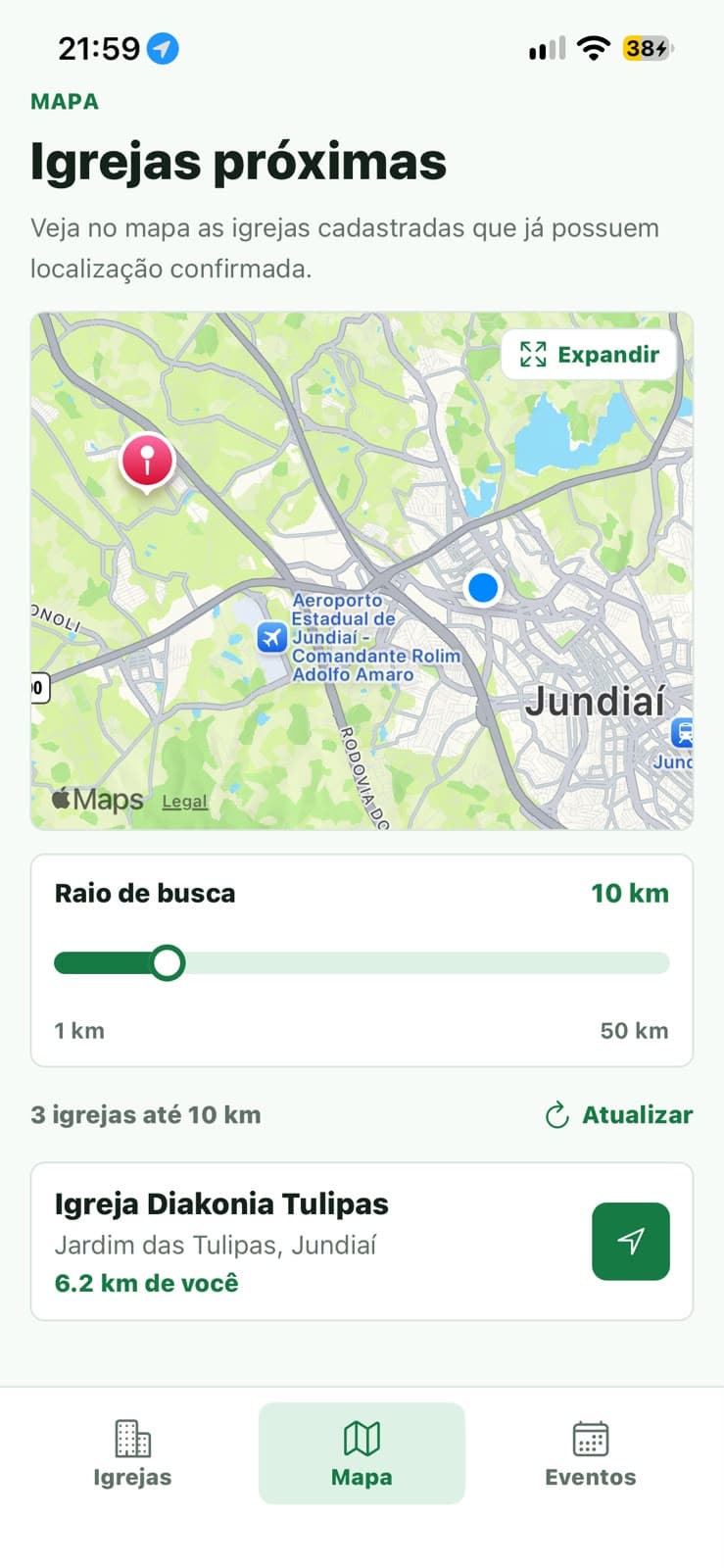 App Encontre Igrejas — mapa com igrejas próximas