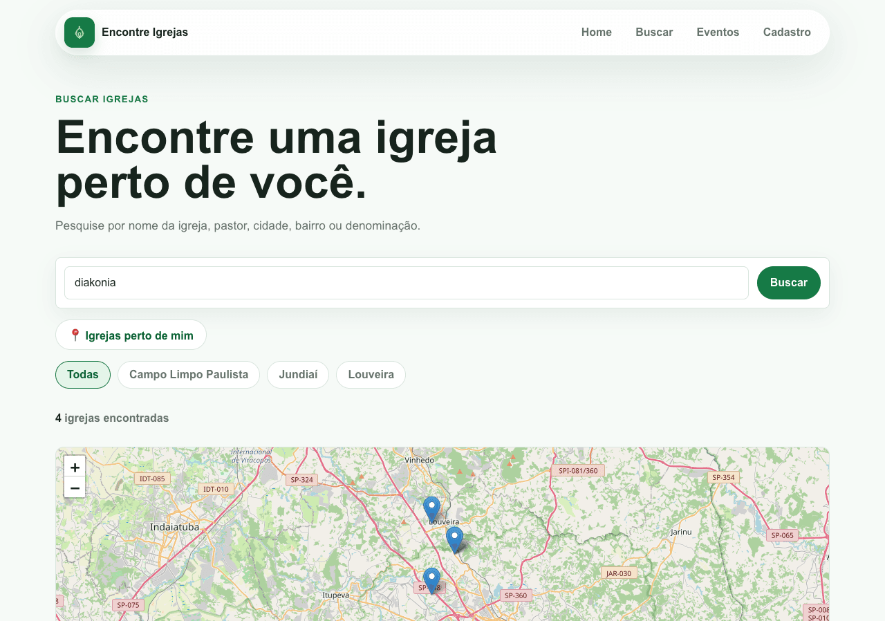 Encontre Igrejas — busca de igrejas com resultados listados por região